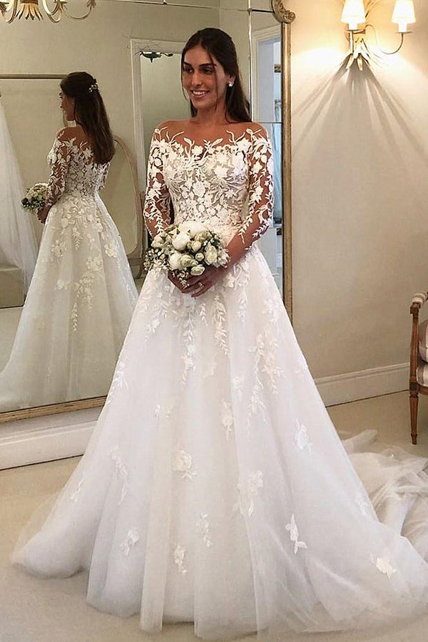 A-line Strapless Long Sleeves Court Train Tulle Applique Wedding Dress-showprettydress
