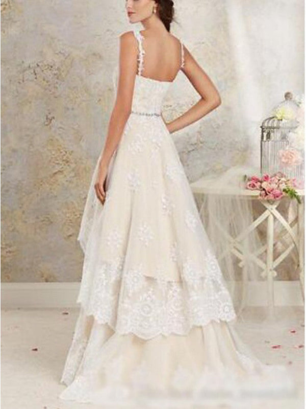 A-Line Sweetheart Spaghetti Strap Lace Tulle Lace Wedding Dresses-showprettydress
