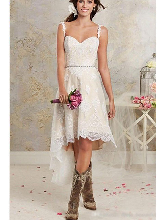 A-Line Sweetheart Spaghetti Strap Lace Tulle Lace Wedding Dresses-showprettydress