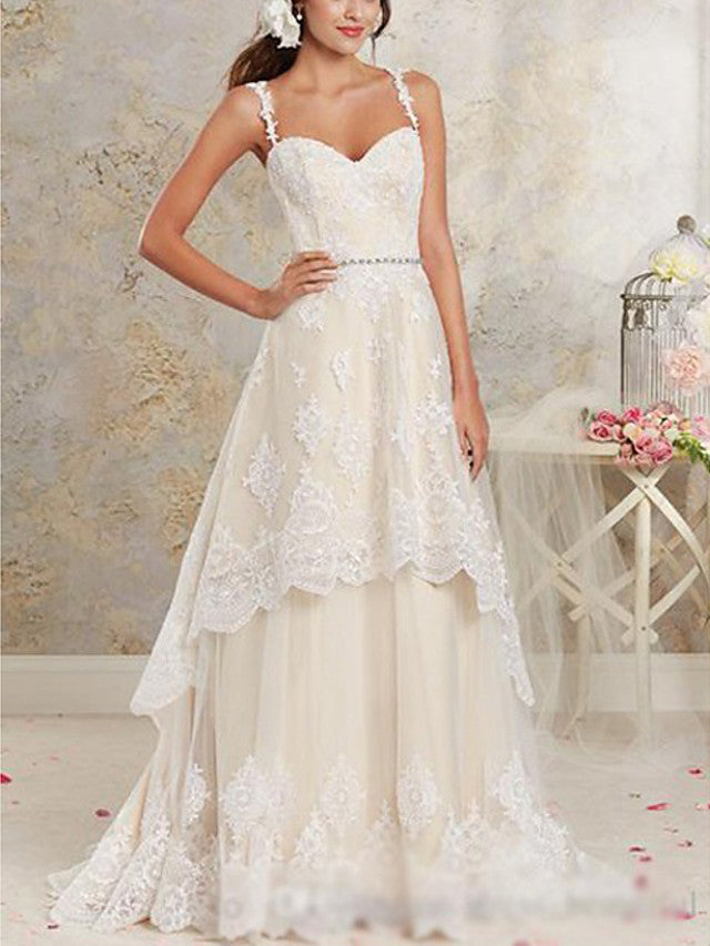 A-Line Sweetheart Spaghetti Strap Lace Tulle Lace Wedding Dresses-showprettydress