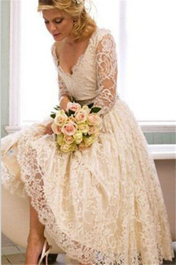 A Line V Neck 3/4 Long Sleeves Lace Wedding Dress New Arrival Tea Length Plus Size Bridal Gown-showprettydress