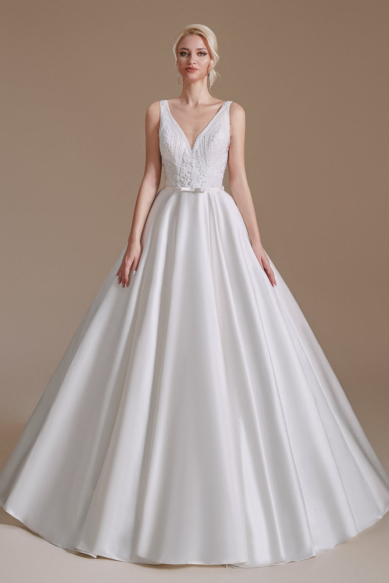 A Line V Neck Floor Length Applique Wedding Dress | Showprettydress Design-showprettydress
