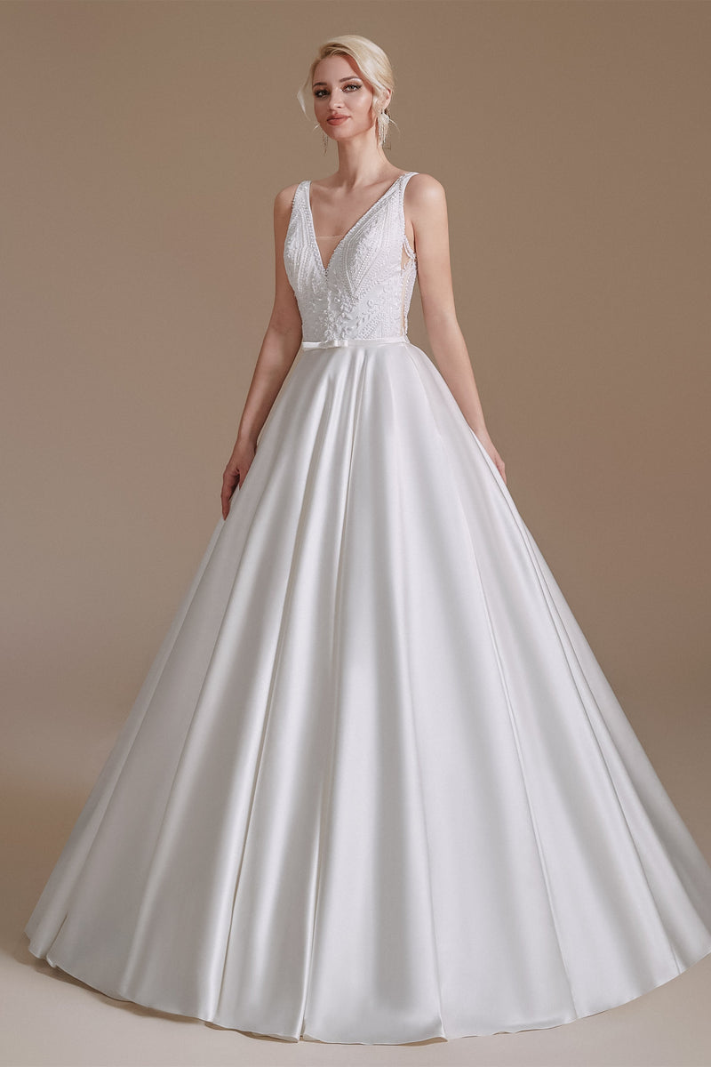 A Line V Neck Floor Length Applique Wedding Dress | Showprettydress Design-showprettydress