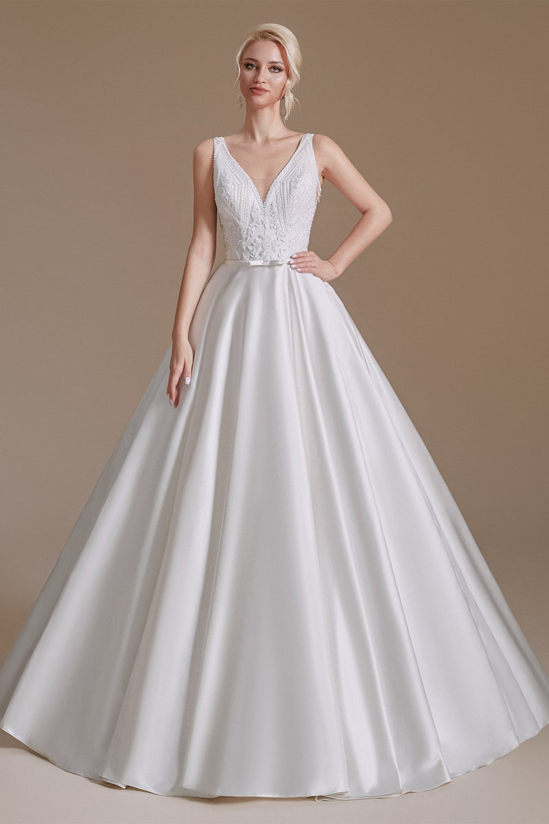 A Line V Neck Floor Length Applique Wedding Dress | Showprettydress Design-showprettydress