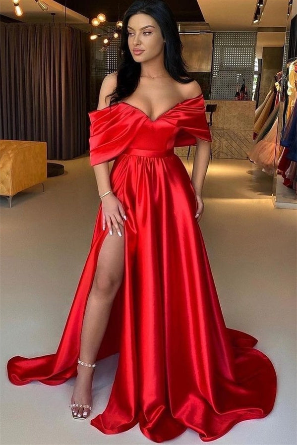 A-line V-neck Floor-length Off-the-shoulder Backless High Split Prom Dress-showprettydress
