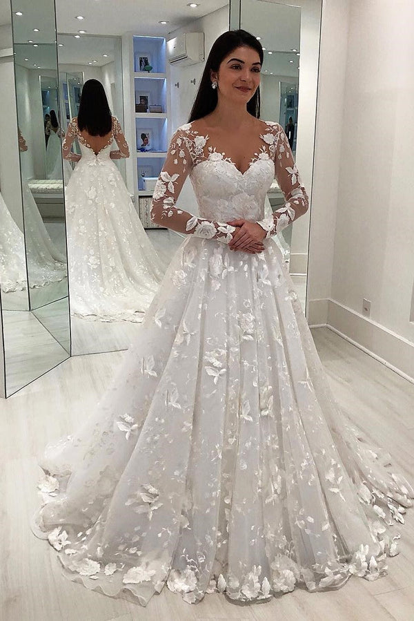 A-line V-neck Long Sleeve Floor Length Chapel Tulle Crochet Flower Wedding Dress-showprettydress