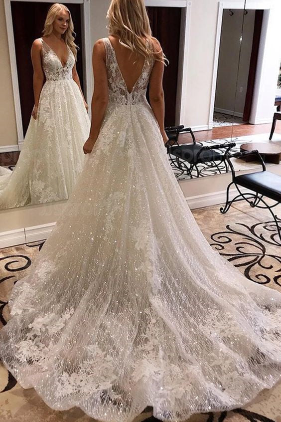 A-line V-neck Wide Strap Chapel Train Tulle Crochet Flower Wedding Dress-showprettydress