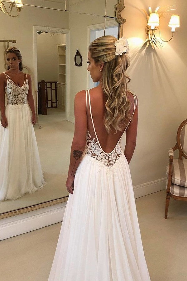 A-line V-neck Wide Strap Floor Length Backless Applique Wedding Dress-showprettydress