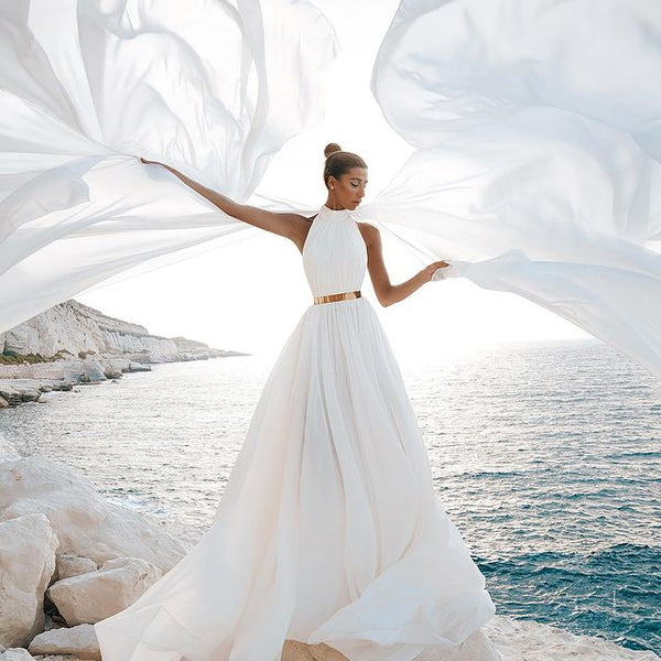 A Line White Chiffon High Neck Sleeveless Beach Wedding Dress-showprettydress