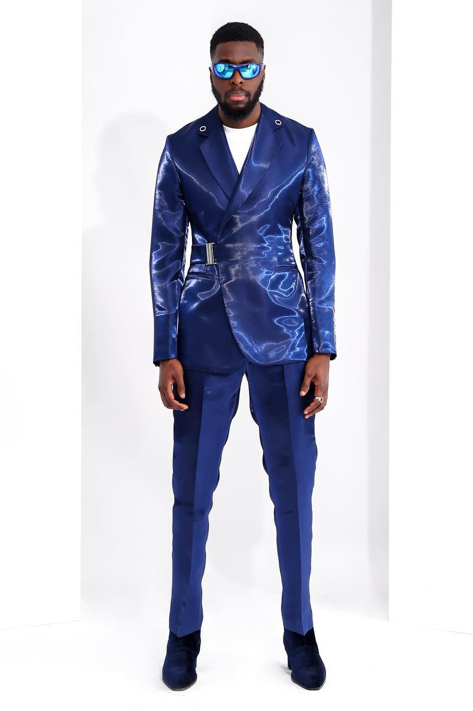 Shiny Blue Buckle Belt Men's Fashion Prom Suit