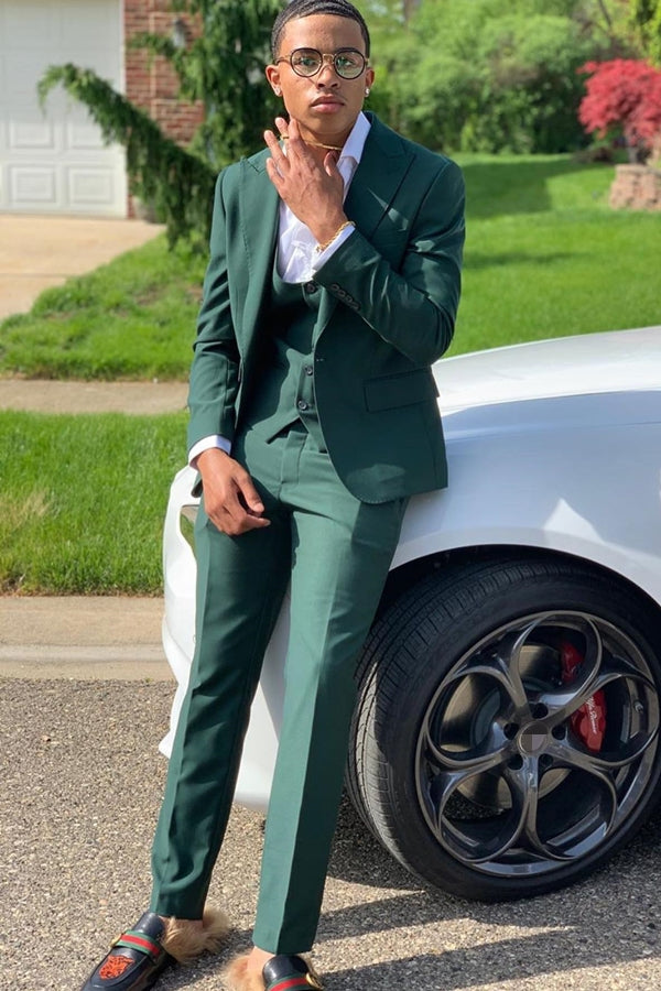 Dark Green Peaked Lapel 3-Piece Prom Suit with Flaps