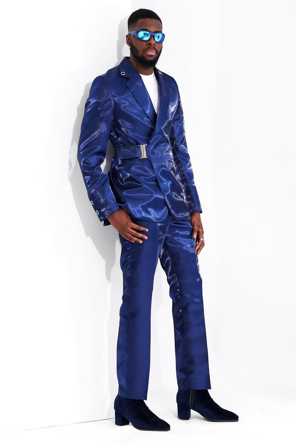Shiny Blue Buckle Belt Men's Fashion Prom Suit