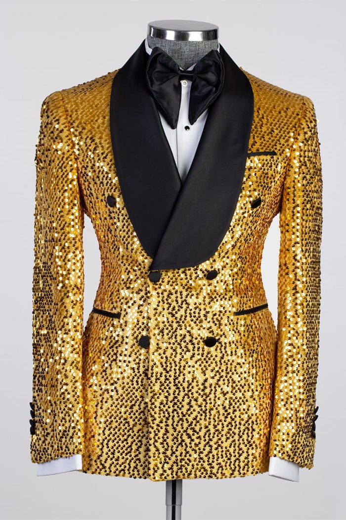 Gold Sequin Shawl Lapel Double-Breasted Prom Suit