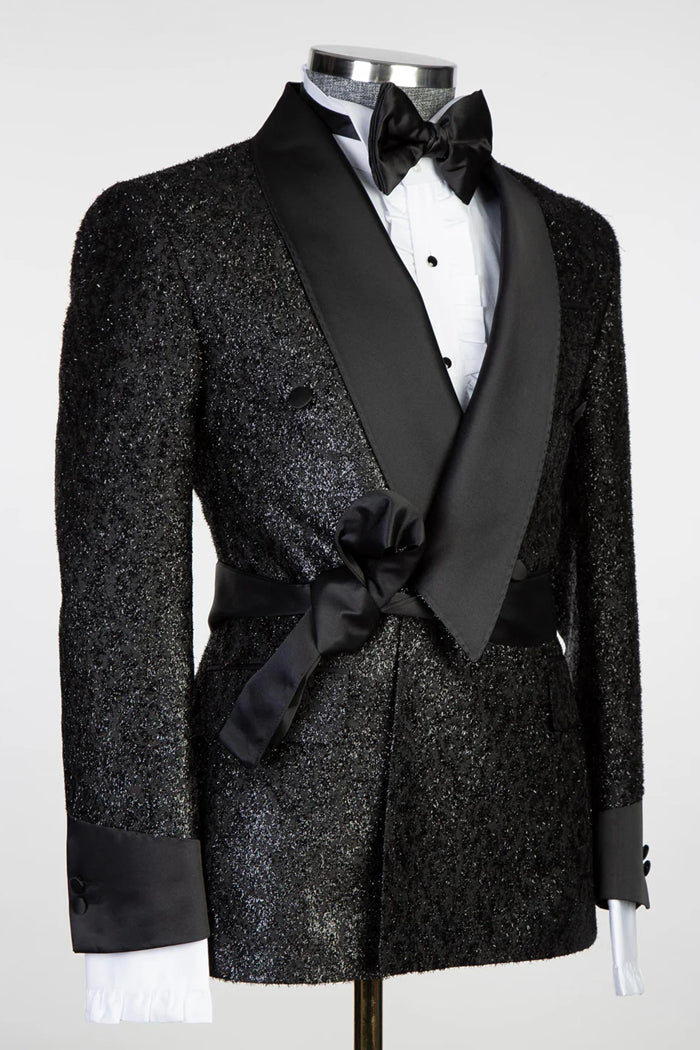 Lapel Sparkling Black Men's Suit with Ribbon Belt