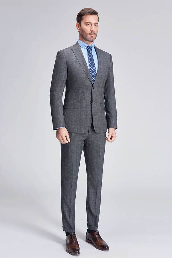 Advanced Grey Plaid Mens Suits for Business Peak Lapel Bespoke Suits for Men Sale-showprettydress