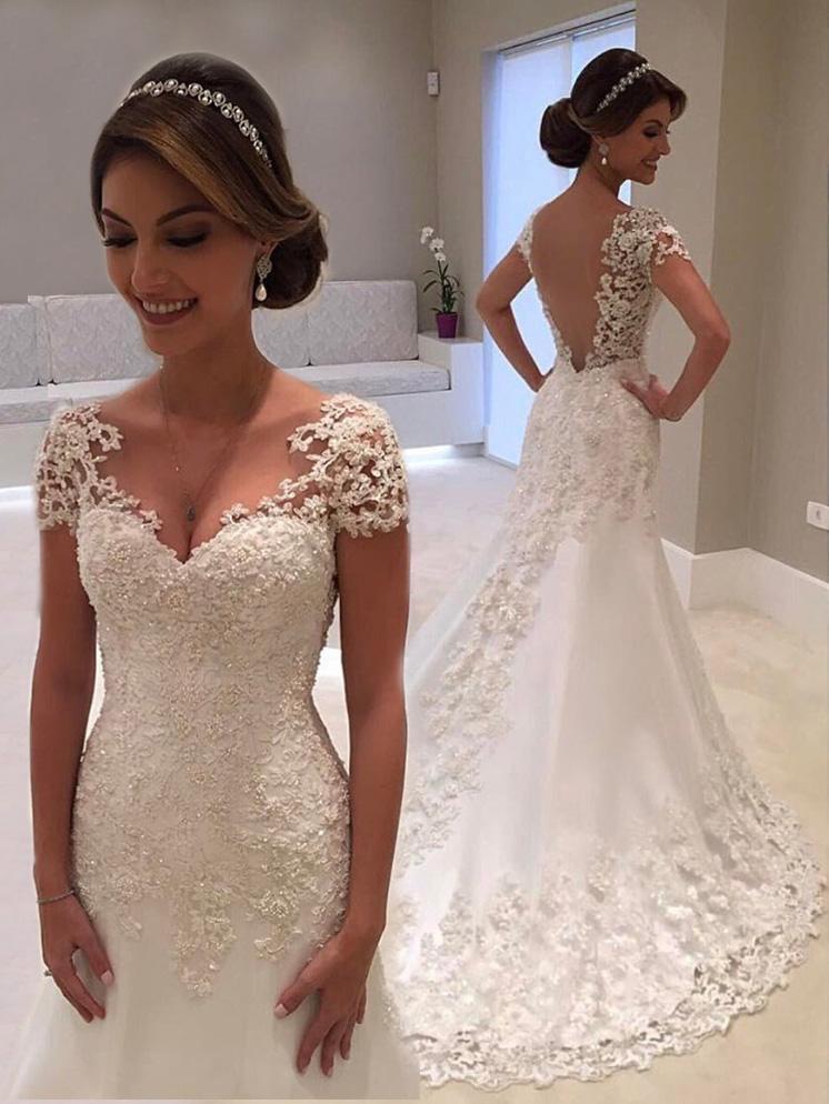 Affordable Long Mermaid V-Neck Lace Backless Wedding Dresses with Cap Sleeves-showprettydress