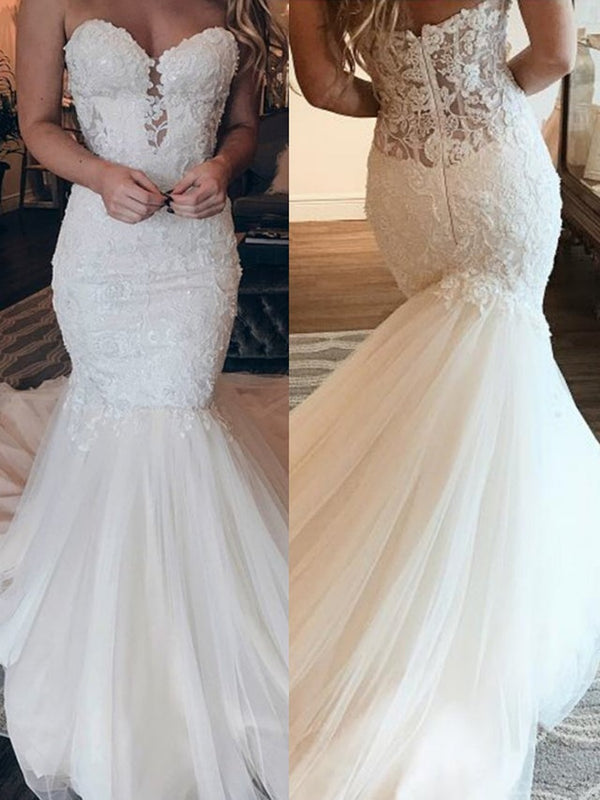 Affordable Strapless Tulle Lace Wedding Dress Chic Mermaid Sleeveless Long Dress For Wedding-showprettydress