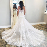 Affordable V neck Sleeveless White Lace Bridal gowns with Train-showprettydress