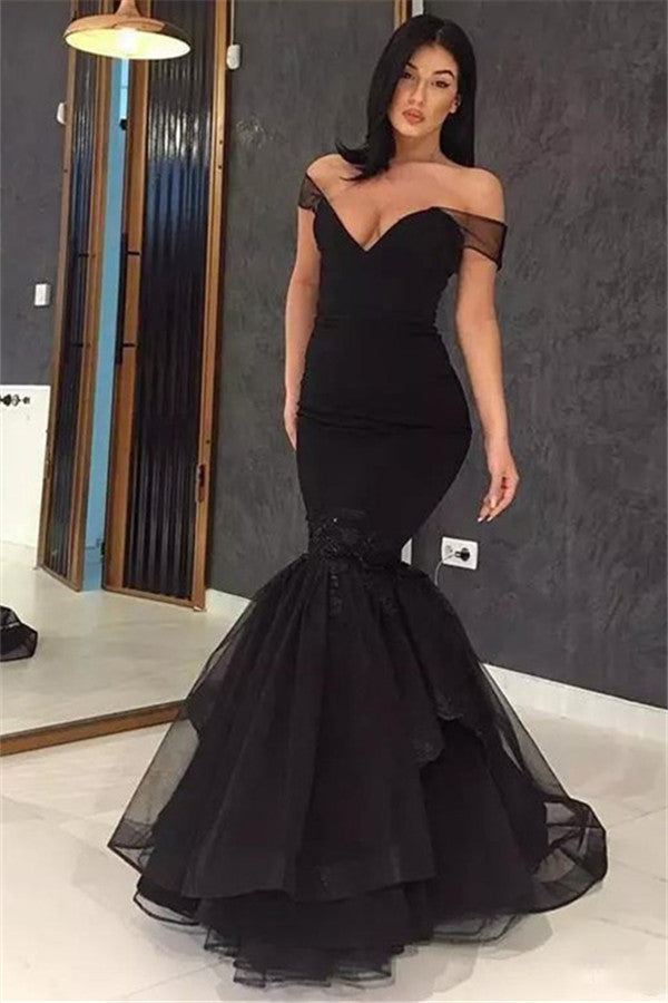 Alluring Black Off-the-Shoulder Applique Prom Dresses Ruffles Chic Mermaid Evening Dresses-showprettydress