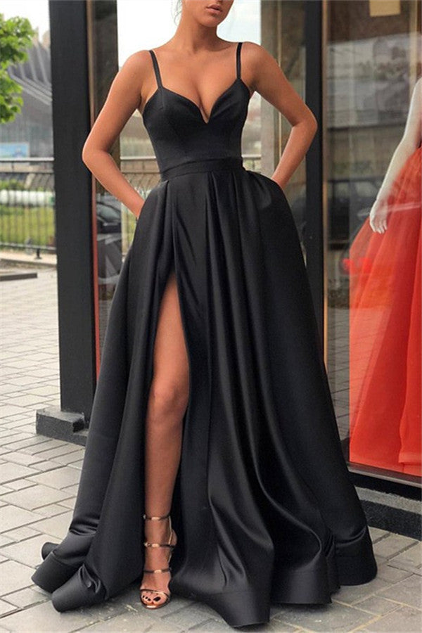 Alluring Black Spaghetti Strap Side Slit Prom Dresses Sleeveless Evening Dresses with Pocket-showprettydress
