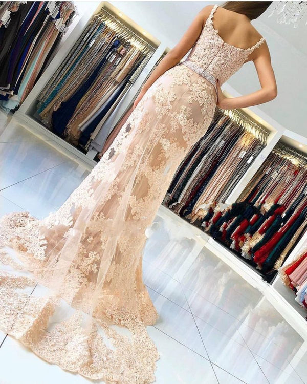 Alluring Elegant Lace Spaghetti Strap Chic Mermaid Prom Dresses Sleeveless Evening Dresses with Over-skirt-showprettydress