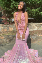 Alluring Halter Applique Glittering Sequins Prom Dresses Ruffles Open Back Chic Mermaid Sleeveless Evening Dresses-showprettydress