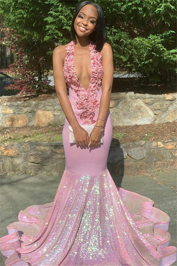 Alluring Halter Applique Glittering Sequins Prom Dresses Ruffles Open Back Chic Mermaid Sleeveless Evening Dresses-showprettydress