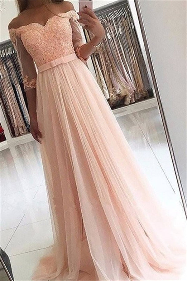 Alluring Side-Slit Elegant Lace V-Neck Black Tulle Long Sleevess Off-the-shoulder Evening Dresses-showprettydress
