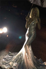 Alluring Spaghetti straps Glittering Sequins Sleeveless Mermaid Open Back Evening Dresses-showprettydress
