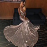 Alluring Spaghetti straps Glittering Sequins Sleeveless Mermaid Open Back Evening Dresses-showprettydress