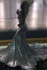 Alluring Spaghetti straps Glittering Sequins Sleeveless Mermaid Open Back Evening Dresses-showprettydress