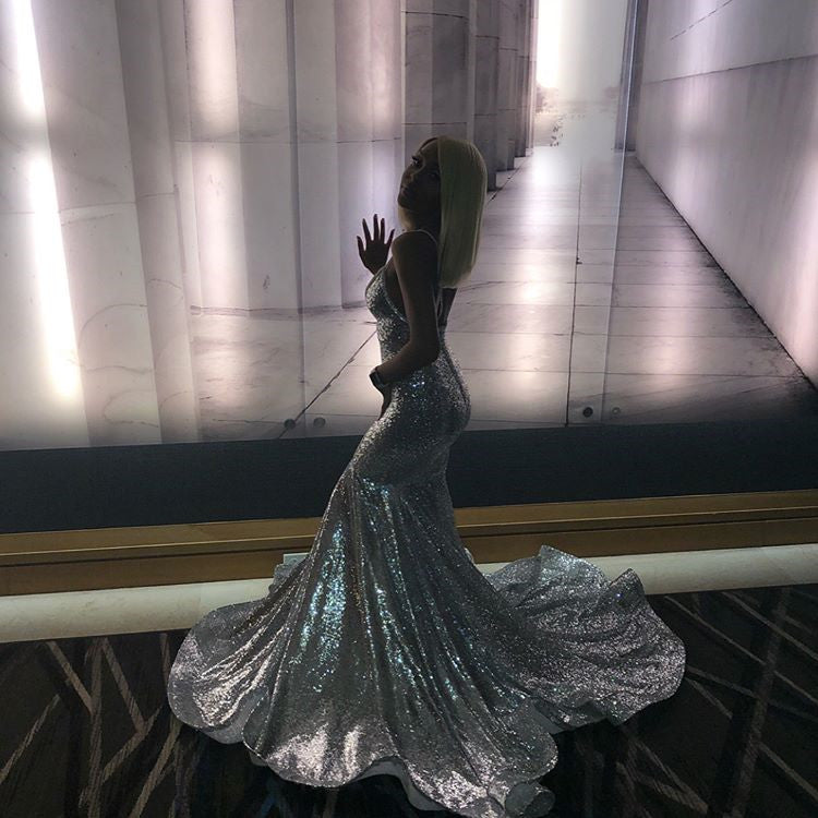 Alluring Spaghetti straps Glittering Sequins Sleeveless Mermaid Open Back Evening Dresses-showprettydress