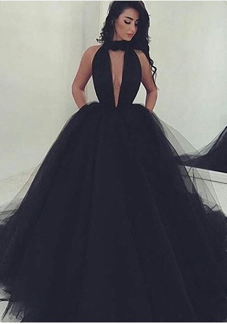 Amazing Black V-Neck Tulle Ball-Gown Prom Party Gowns-showprettydress
