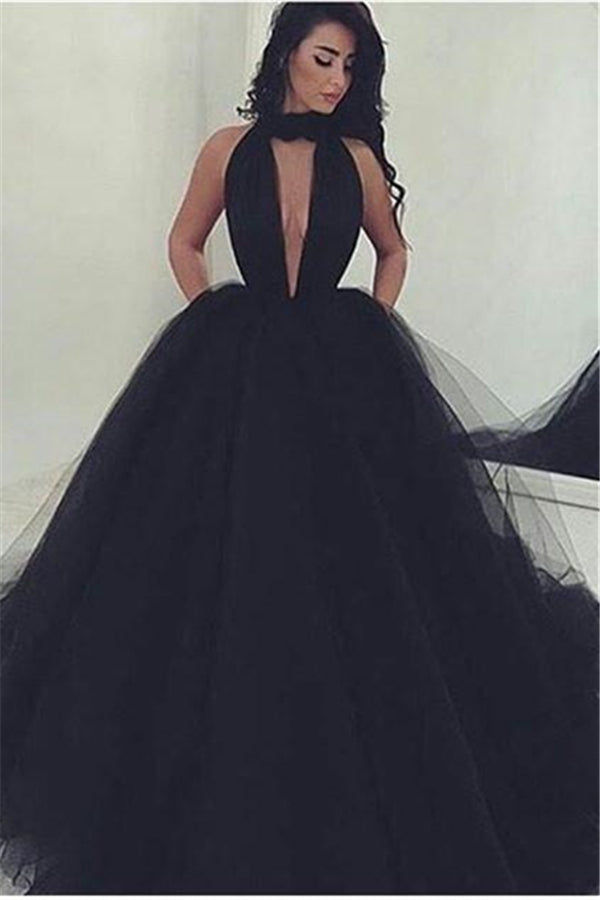 Amazing Black V-Neck Tulle Ball-Gown Prom Party Gowns-showprettydress