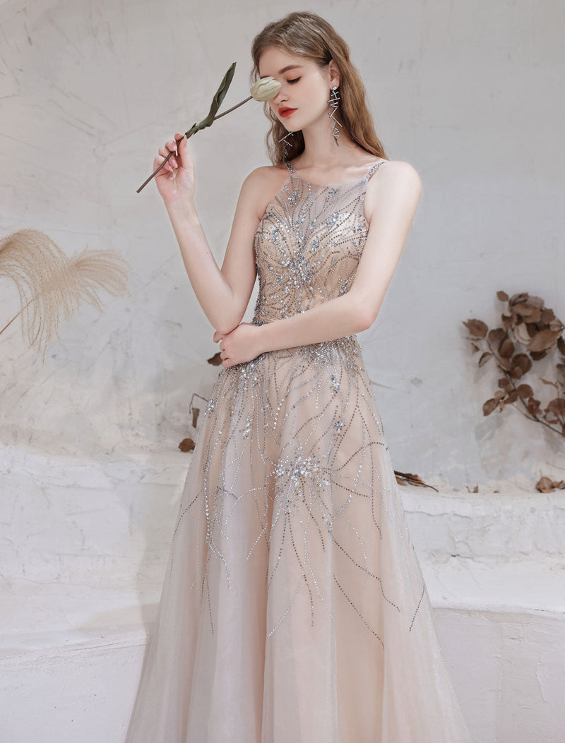 Amazing Evening Dress Nude Color A Line Bateau Neck With Train Sleeveless Zipper Formal Party Dresses Pageant Dress-showprettydress