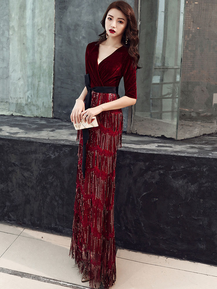 Amazing Evening Dress Sheath V Neck Velour Floor Length Sash Social Party Dresses-showprettydress