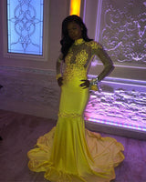 Amazing High Neck Beads Appliques Prom Dresses Fit and Flare Sheer Tulle Elegant Evening Gowns-showprettydress