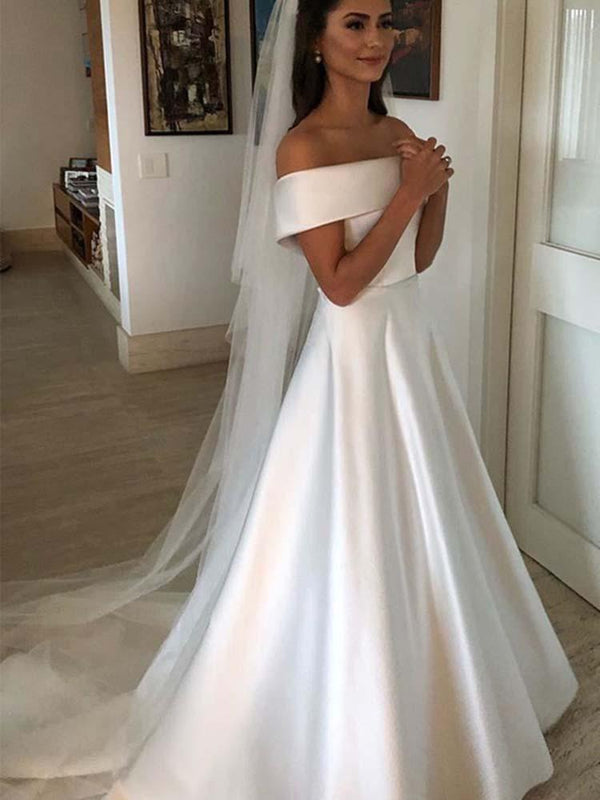 Amazing Long A-line Off the Shoulder Covered Button Satin Wedding Dresses-showprettydress