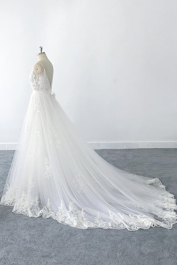 Amazing Long A-line V-neck Ruffle Appliques Tulle Wedding Dress-showprettydress