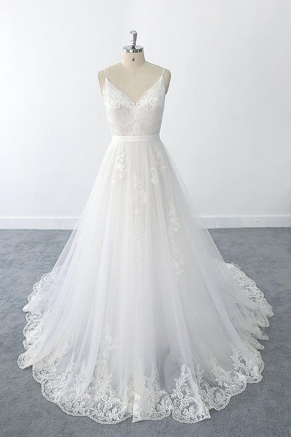 Amazing Long A-line V-neck Ruffle Appliques Tulle Wedding Dress-showprettydress