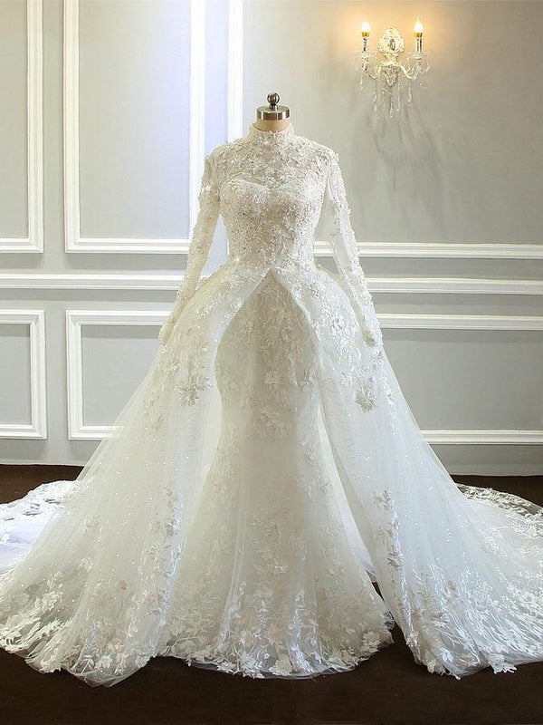 Amazing Long Mermaid High Neck Tulle Lace Wedding Dresses with Sleeves-showprettydress