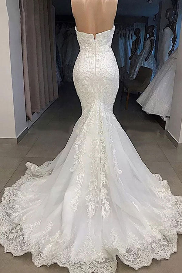 Amazing Long Mermaid Sweetheart Appliqued Lace Wedding Dress with Sleeves-showprettydress