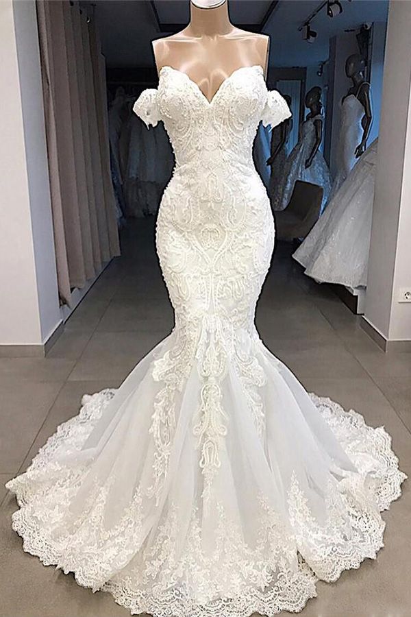 Amazing Long Mermaid Sweetheart Appliqued Lace Wedding Dress with Sleeves-showprettydress