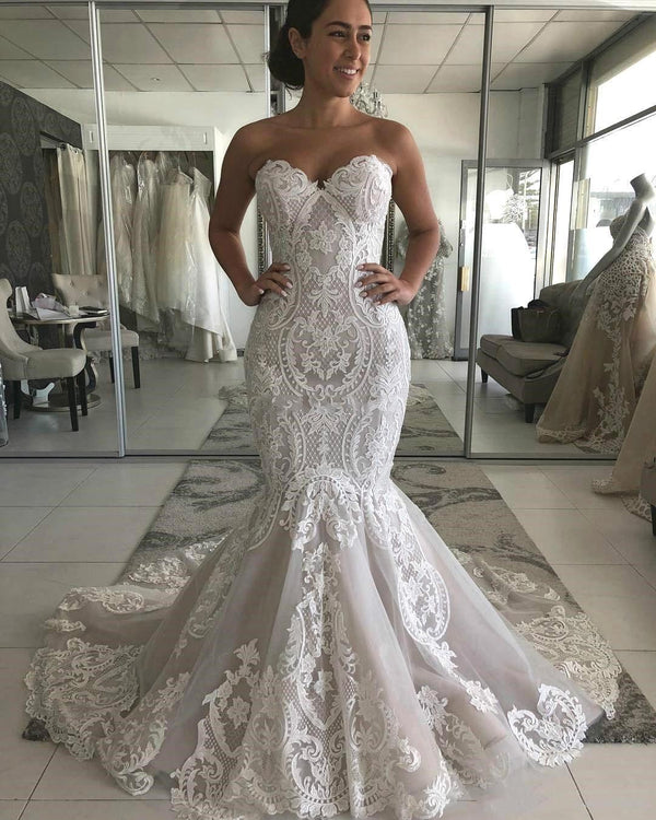 Amazing Long Mermaid Sweetheart Appliques Lace Wedding Dress-showprettydress