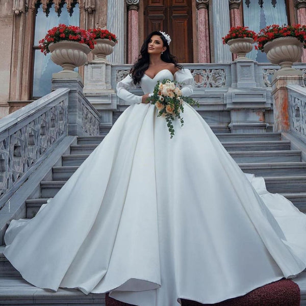 Amazing Long Princess Satin Sweetheart Wedding Dresses with Sleeves-showprettydress