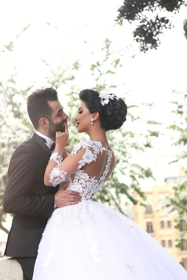Amazing Long Sleeves Ball Gown Wedding Dresses Latest Lace Applique Bridal Gowns-showprettydress