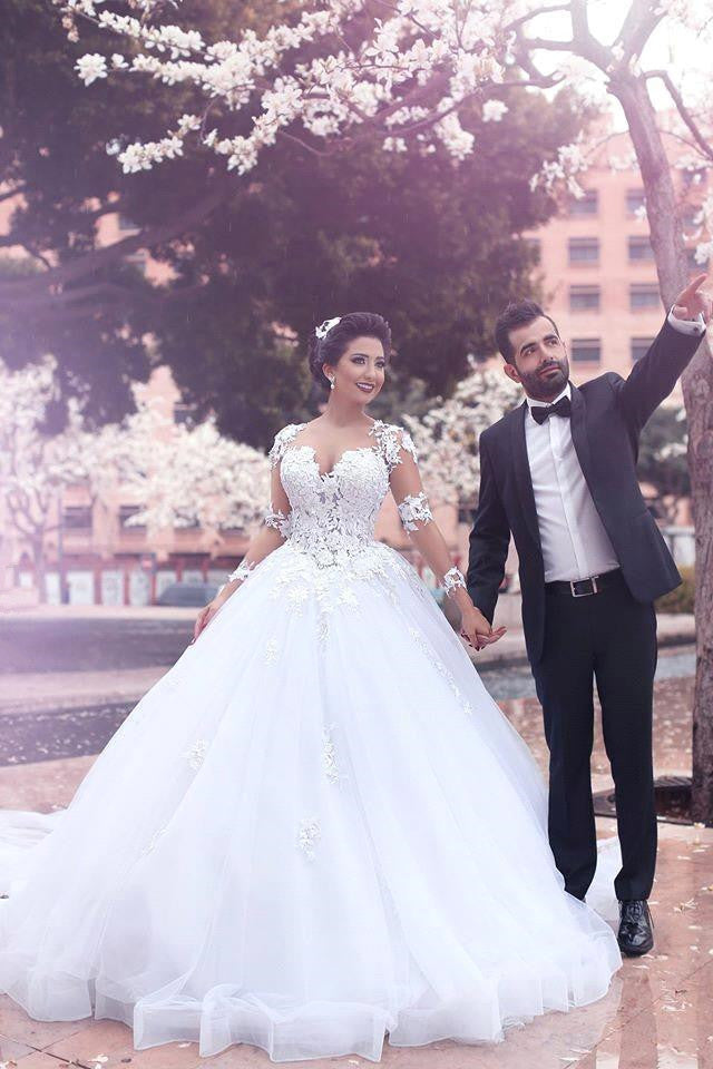 Amazing Long Sleeves Ball Gown Wedding Dresses Latest Lace Applique Bridal Gowns-showprettydress