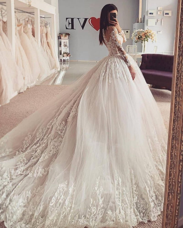 Amazing Long Sleevess Ball Gown Floral Lace Tulle Aline Bridal Gown-showprettydress