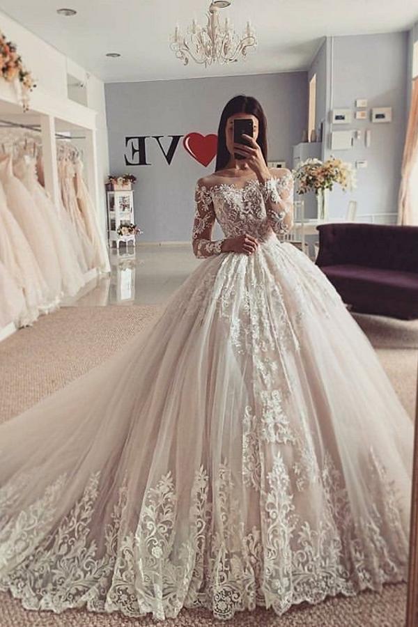 Amazing Long Sleevess Ball Gown Floral Lace Tulle Aline Bridal Gown-showprettydress