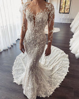 Amazing Long Train Lace Open back Mermaid White Wedding Dresses-showprettydress